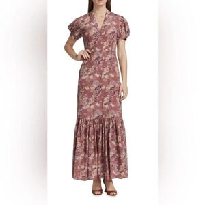 NWT CAROLINE CONSTAS Nancy Floral Silk Puff-Sleeve Maxi Dress Ex Small Authentic